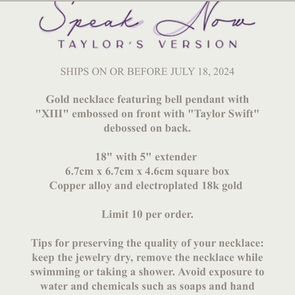 SOLDTaylor Swift Official Speak Now 🔔 bell necklace *New* - Picture 2 of 9